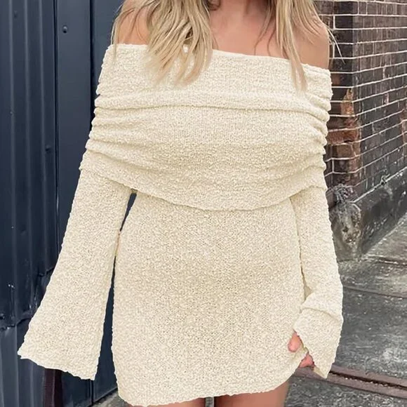 Women's Beach Cover Up Dress Sheer Off Shoulder Long Bell Sleeve Summer - Picture 5 of 6